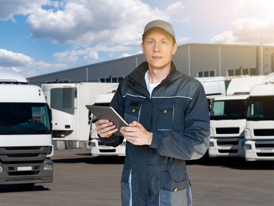 técnico con tableta posando frente a camiones y un almacén